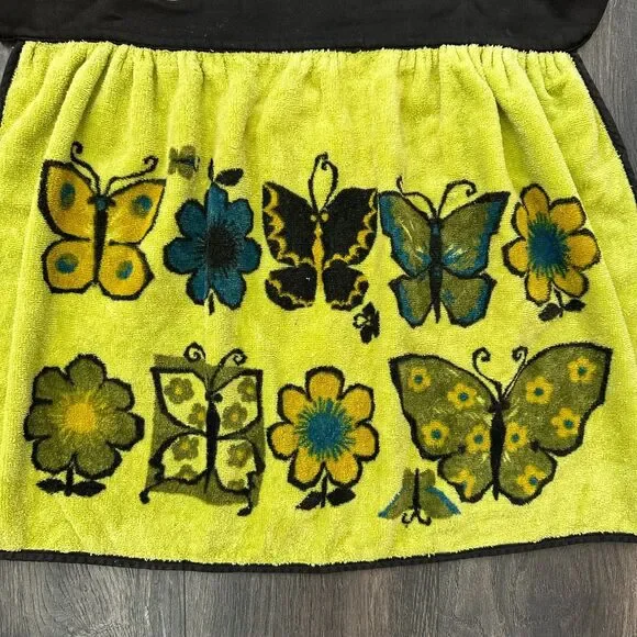 Vintage 60s Reworked Butterfly Towel Apron Waist Tie Kitchen Cooking Lime Green - Picture 5 of 5